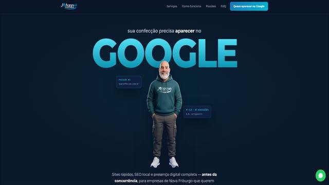 Hero da landing page SEO JohannWeb: sua confecção precisa aparecer no Google, com o mascote Johann
